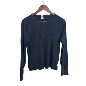 Re/Done x Hanes Long Sleeve Henley Shirt Ribbed Black Womans Large